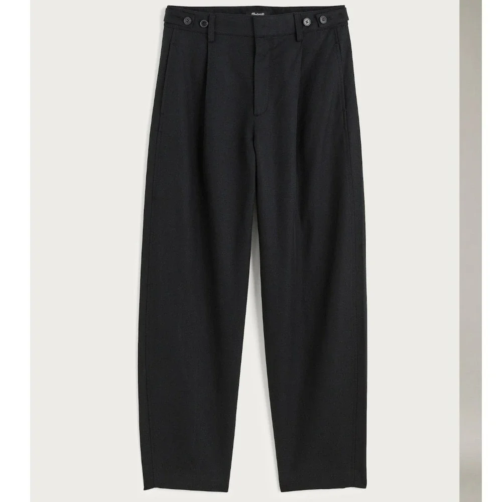 Madewell Barrel-Leg Trouser Pant Black Drapey Twill Lyocell Linen Pleated Size 8